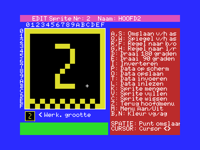 Jeroens sprite-editor met een raster voor een sprite van 16 bij 16 pixels